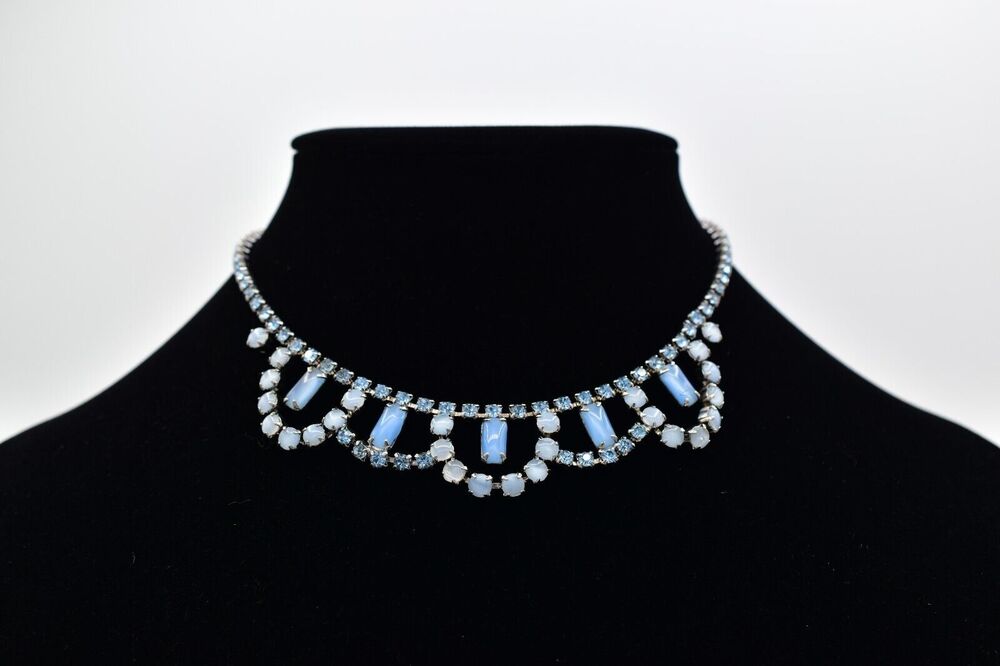 Vintage Crystal Collar Necklace Cabochon Blue Prong Rhinestone Silver 60s Bin3D